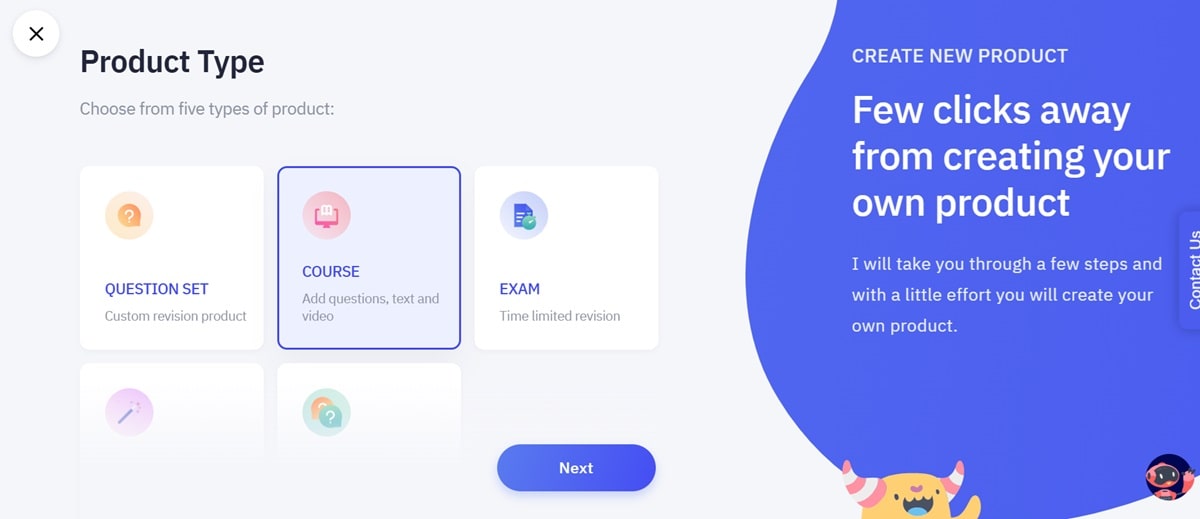 Product type selection menu in AI course builder for creating courses, exams, or question sets.